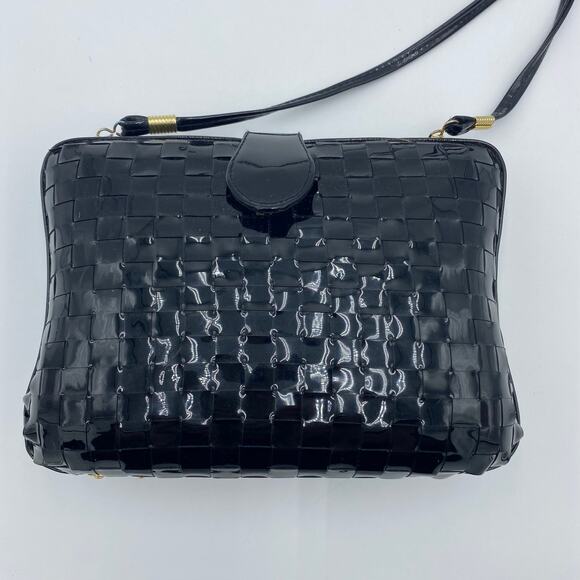 Pillbox Purse Basketweave Black Paten Leather Hard Case Optional Strap - Picture 1 of 7